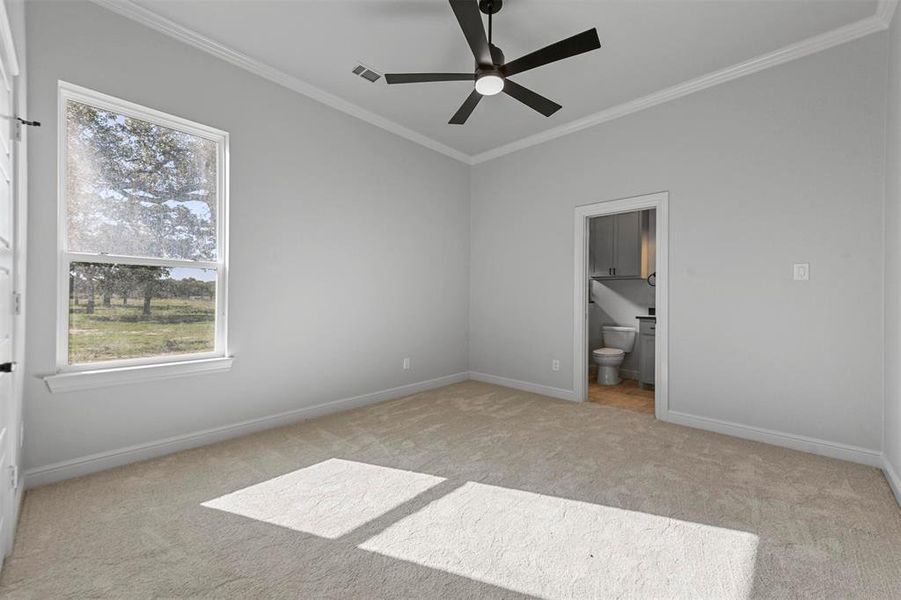 Unfurnished bedroom with light carpet, multiple windows, and ceiling fan