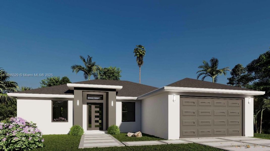 Front exterior of a new home in , Lehigh Acres, FL, highlighting curb appeal (Image 1).
