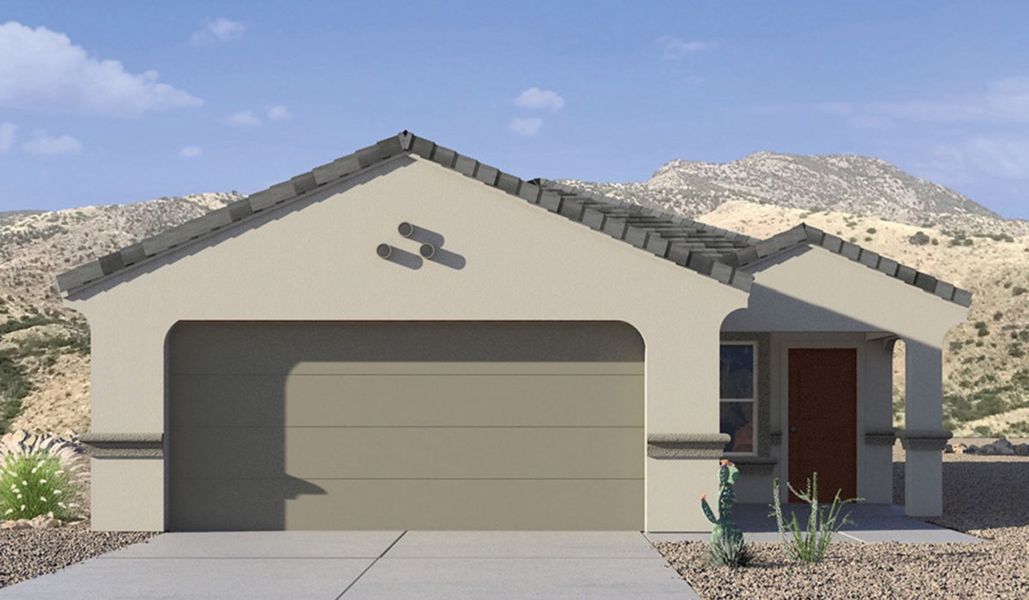 Front exterior of a new home in Coronet at Gladden Farms, Marana, AZ, highlighting curb appeal (Image 1). Front exterior of a new home in Coronet at Gladden Farms, Marana, AZ, highlighting curb appeal (Image 1).