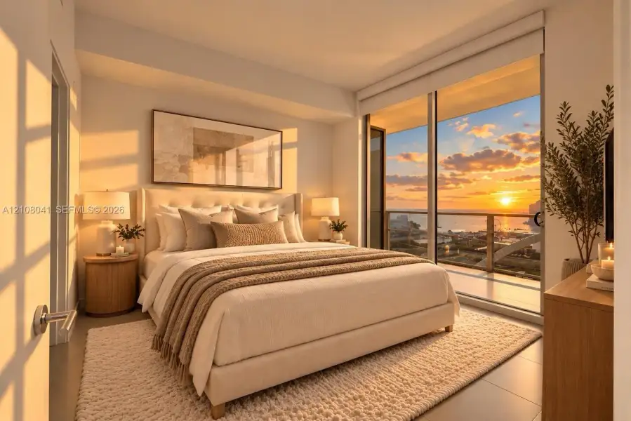 Full-height glass sliding doors, a recessed ceiling, a wood-finish nightstand, and a matching wood-finish dresser