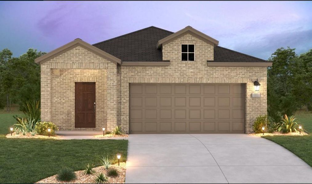 Front exterior of a new home in The Cottages at La Cima, San Marcos, TX, highlighting curb appeal (Image 1).