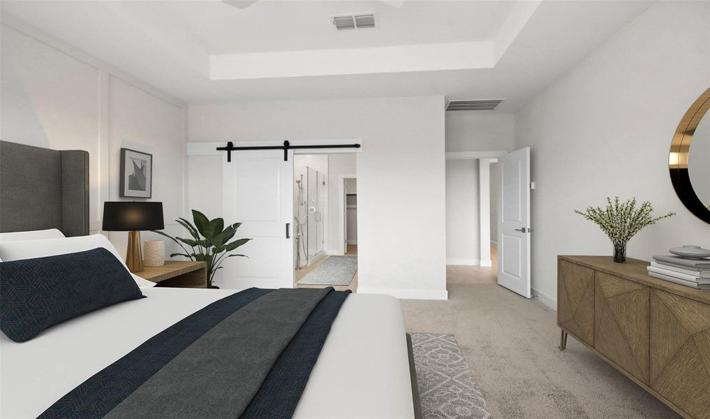 Secluded primary suite with feature wall and ceiling treatment (*Photo not of actual home and used for illustration purposes only.) Secluded primary suite with feature wall and ceiling treatment (*Photo not of actual home and used for illustration purposes only.)