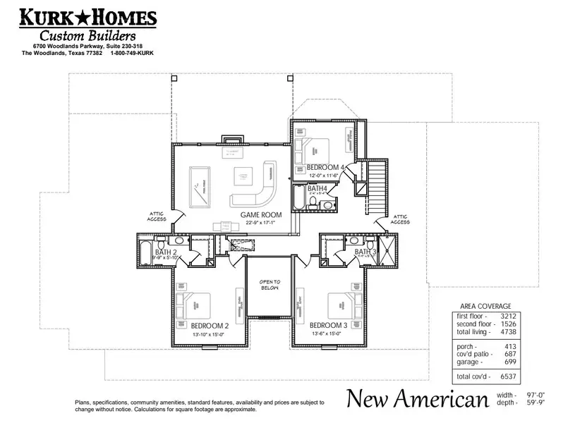 2D floor plan layout for the The New American by Kurk Homes in Vintage Oaks, Montgomery, TX (Image 3).