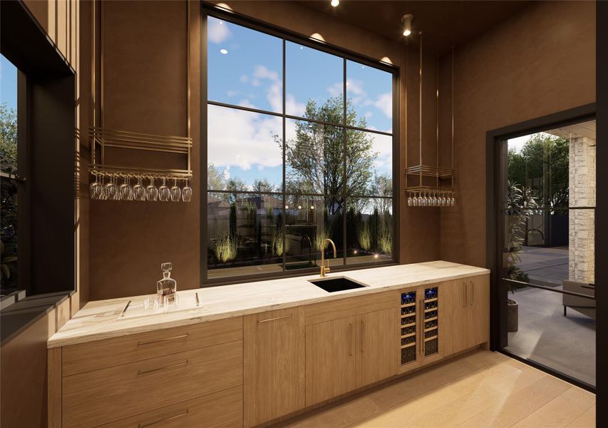 Designed for the host who appreciates both form and function, this dedicated bar space blends tailored millwork with dramatic ambiance. Natural light streams through oversized windows by day, while layered lighting transforms the setting into a stylish evening destination for crafted drinks and intimate gatherings. Designed for the host who appreciates both form and function, this dedicated bar space blends tailored millwork with dramatic ambiance. Natural light streams through oversized windows by day, while layered lighting transforms the setting into a stylish evening destination for crafted drinks and intimate gatherings.