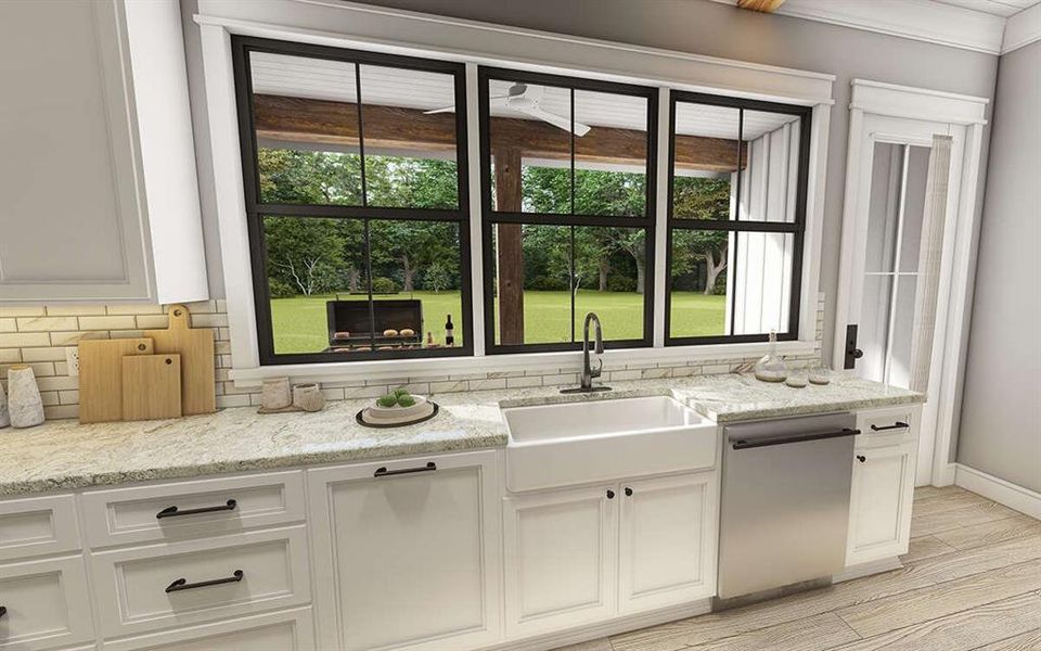 Great view of your backyard from the sink with granite countertops