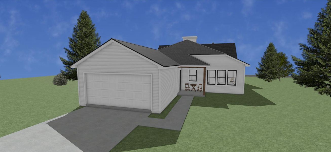 View of front facade with a front yard, concrete driveway, a chimney, and an attached garage