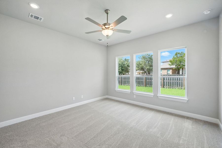 Unfurnished room with light colored carpet, recessed lighting, and ceiling fan Unfurnished room with light colored carpet, recessed lighting, and ceiling fan