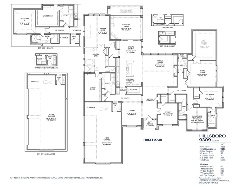 2D floor plan layout for the Hillsboro - SH 9309 by Shaddock Homes in Hilltop Ranch, Leander, TX (Image 4).