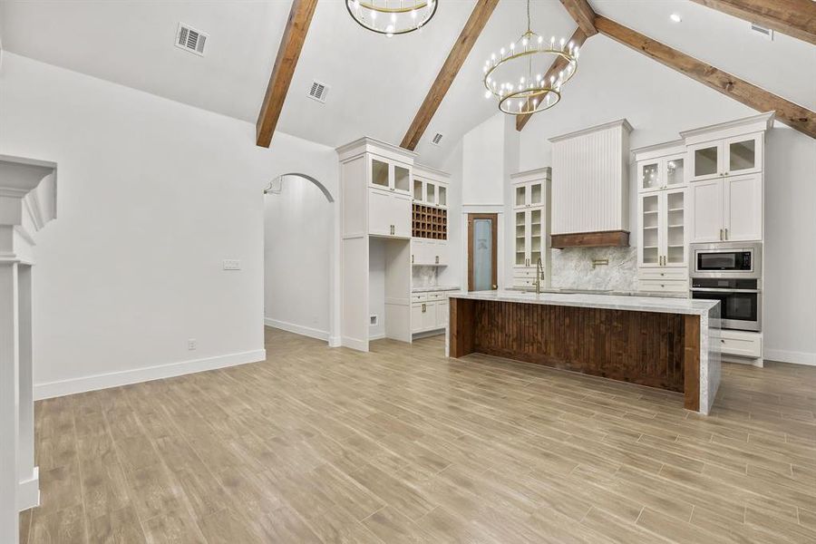 Vaulted ceiling with exposed wood beams