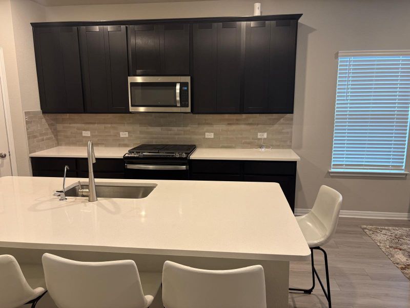 A contemporary kitchen showcasing dark cabinetry, sleek countertops, and modern appliances.