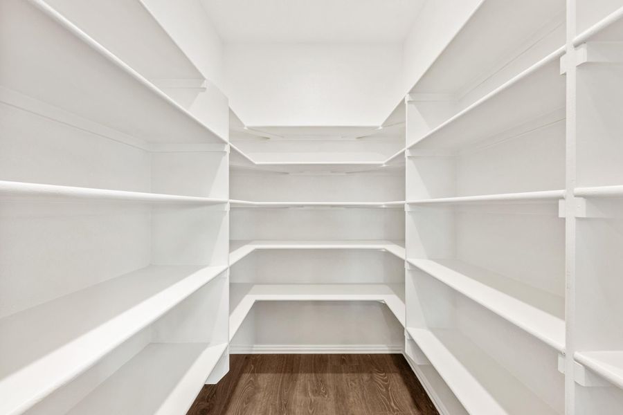 Walk-in pantry with white wrap-around shelving and dark hardwood floors