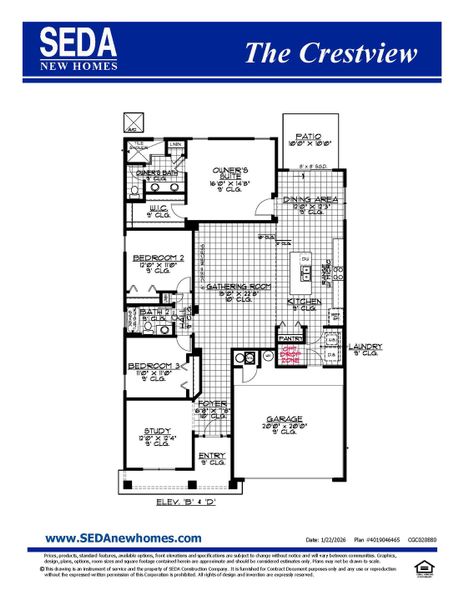 2D floor plan layout for the Crestview by SEDA New Homes in Weston Woods, Jacksonville, FL (Image 3).