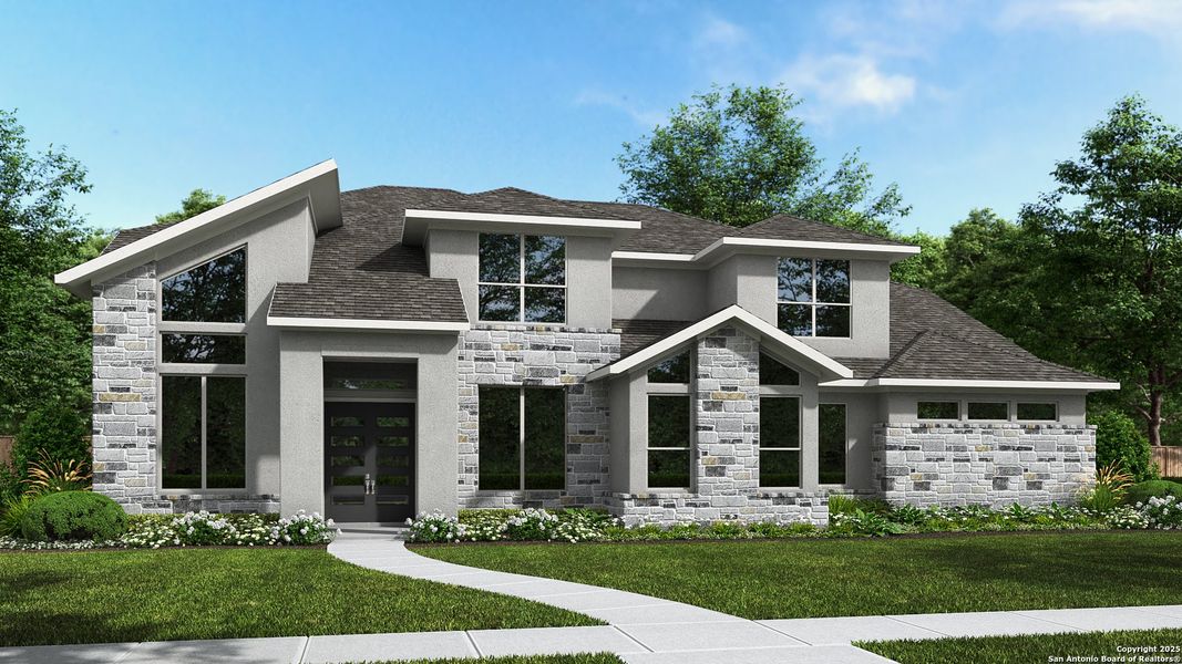 Front exterior of a new home in Megan's Landing 1/2 Acre, Castroville, TX, highlighting curb appeal (Image 1).