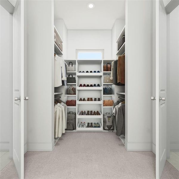 Purposefully Located - Between the primary bath, and laundry room, boutique style closet His/Hers sides is both functional and stylish. Designed with organization in mind featuring built-in shelving storages and drawers to hanging rods, custom shoe and handbag storage to accommodate your needs. Endless organizational possibilities