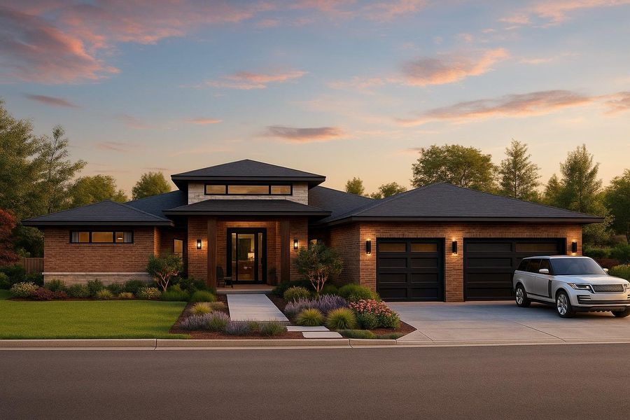 Contemporary hill country style home featuring brick siding, concrete driveway, an attached garage, and a front lawn Contemporary hill country style home featuring brick siding, concrete driveway, an attached garage, and a front lawn