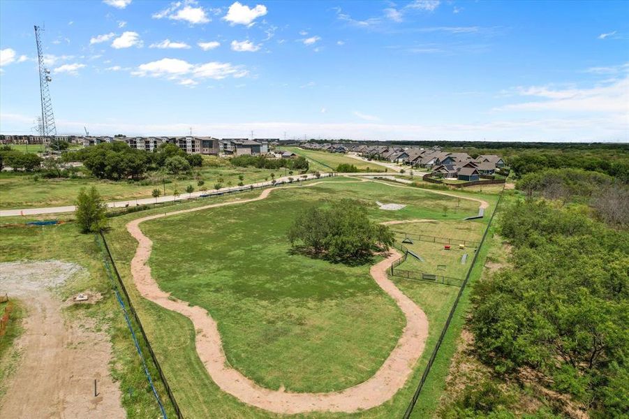 Drone / aerial view of the walking, jogging trail and the dog park.