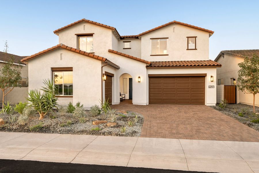 Front exterior of a new home in Soleo, San Tan Valley, AZ, highlighting curb appeal (Image 2). Front exterior of a new home in Soleo, San Tan Valley, AZ, highlighting curb appeal (Image 2).