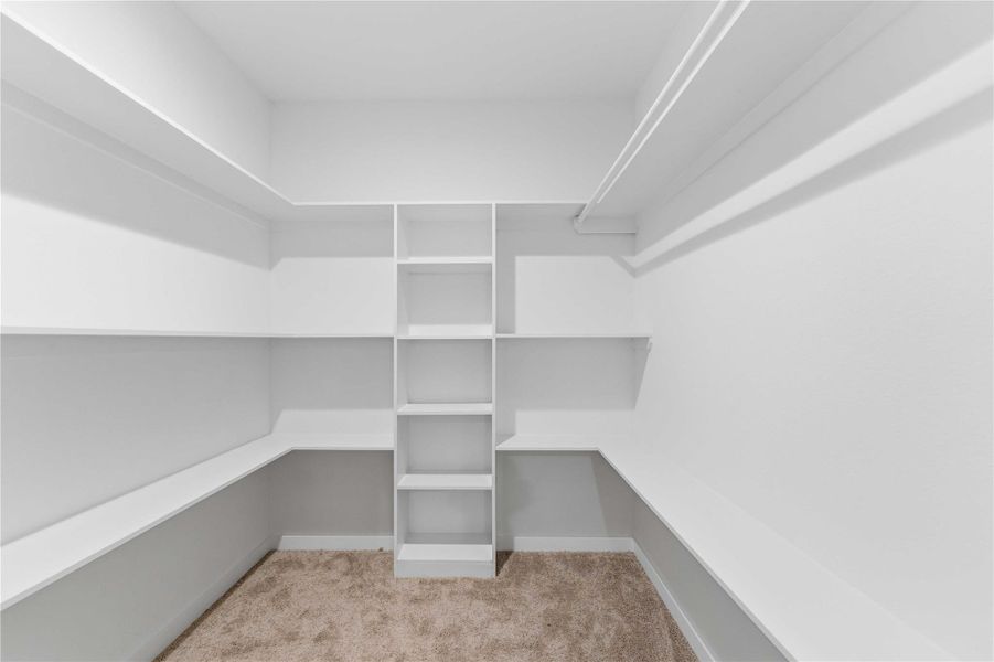 Spacious walk-in closet with custom built-in shelving, hanging rods, and dedicated storage compartments. Clean white finishes and soft carpeting create a bright, organized space. Designed for maximum storage and everyday convenience.