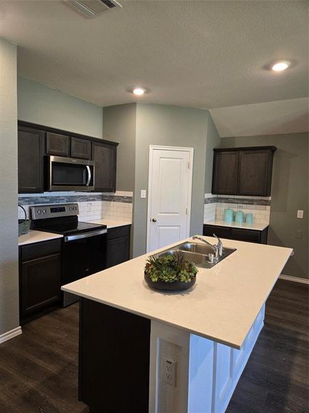 Kitchen featuring sink, range, dark wood-type flooring, an island with sink, and tasteful backsplash