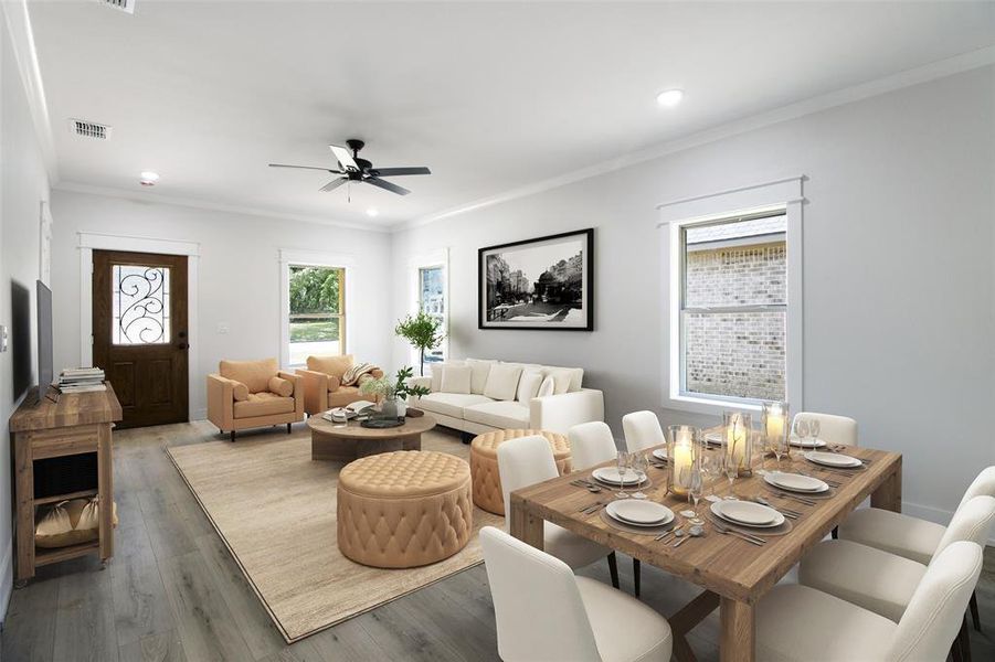 Living area with crown molding, ceiling fan, wood finished floors, and recessed lighting