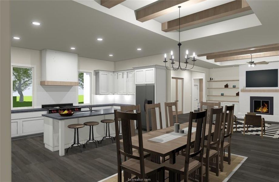 Dining area with beam ceiling, a warm lit fireplace, dark wood-style flooring, recessed lighting, and a chandelier