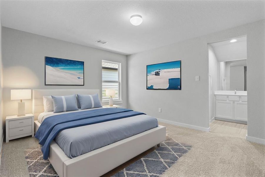 Secondary bedroom features plush carpet, custom paint, high ceilings, and a large window with privacy blinds. This bedroom has its own private vanity and shares a jack and jill bathroom with another secondary bedroom.