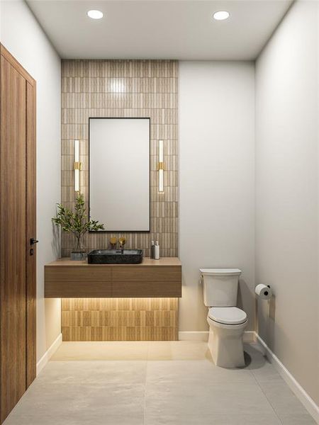 Powder room featuring a floating wood-finish vanity with an undermount lighting strip, a black vessel sink, and a vertically tiled accent wall