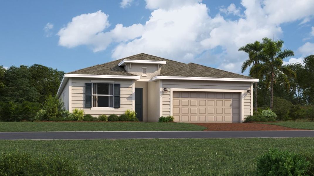 Front exterior of a new home in Brightwater Lagoon: Executive Homes, North Fort Myers, FL, highlighting curb appeal (Image 1). Front exterior of a new home in Brightwater Lagoon: Executive Homes, North Fort Myers, FL, highlighting curb appeal (Image 1).