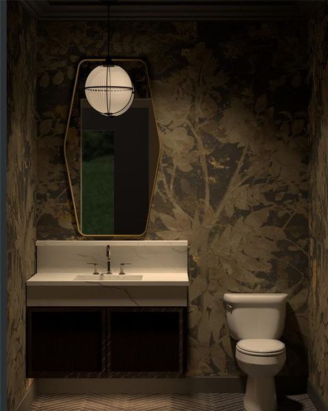 Half bath rendering with wallpapered walls and vanity Half bath rendering with wallpapered walls and vanity