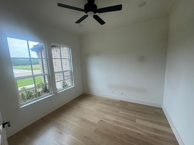 Bright room featuring two large windows, wood-finish flooring, a contemporary ceiling fan, recessed lighting, and crown molding