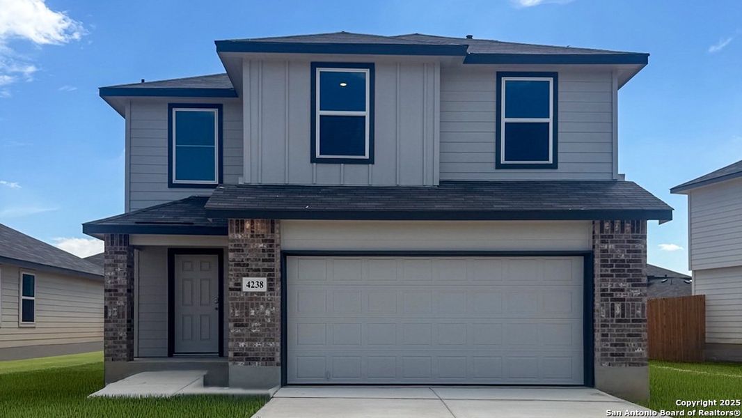 Front exterior of a new home in Preserve at Medina, Von Ormy, TX, highlighting curb appeal (Image 1).