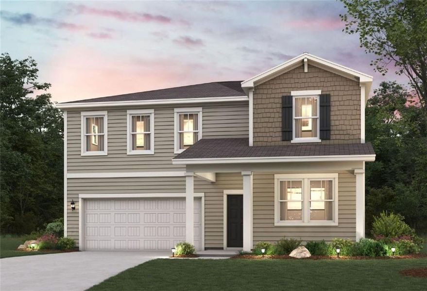 Front exterior of a new home in Union Heights, Flowery Branch, GA, highlighting curb appeal (Image 1). Front exterior of a new home in Union Heights, Flowery Branch, GA, highlighting curb appeal (Image 1).