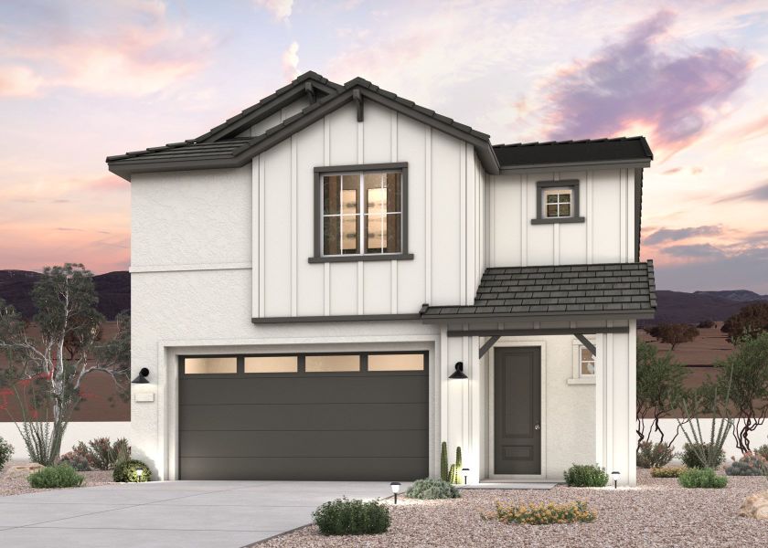 A twilight rendering of a 2-story new home in Buckeye, AZ at Manzanita at Teravalis by Century Communities. A twilight rendering of a 2-story new home in Buckeye, AZ at Manzanita at Teravalis by Century Communities.