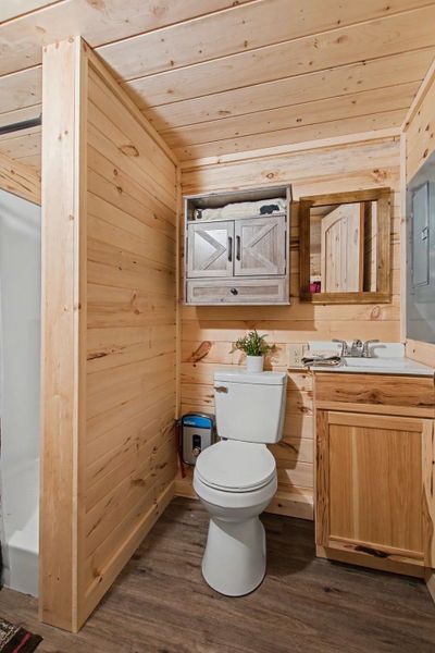 Bathroom featuring vanity, wooden walls, dark wood-type flooring, and wood ceiling
