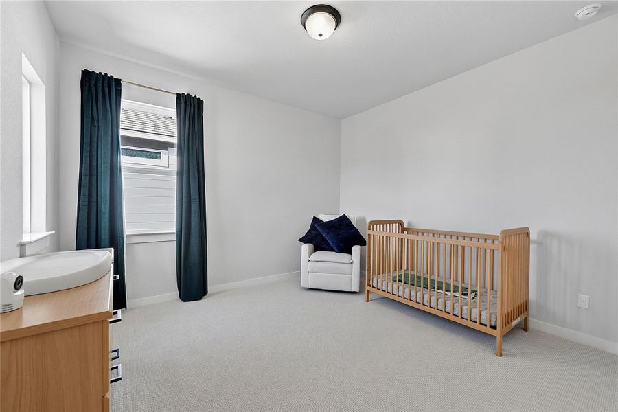 Plush carpeting and tall windows define this versatile secondary bedroom space.