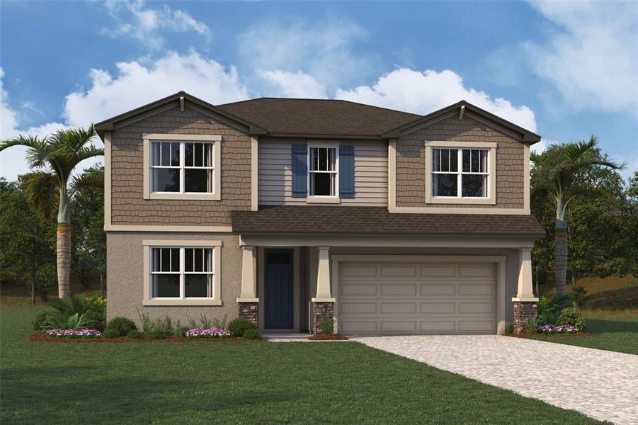 Front exterior of a new home in Crosswind Ranch, Parrish, FL, highlighting curb appeal (Image 1).