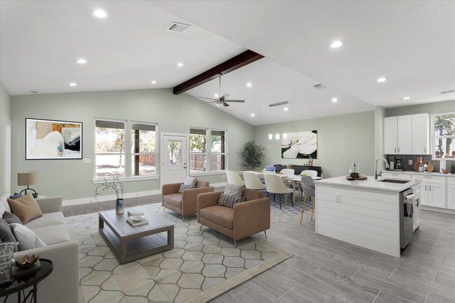 Living area with recessed lighting, wood finish floors, and ceiling fan