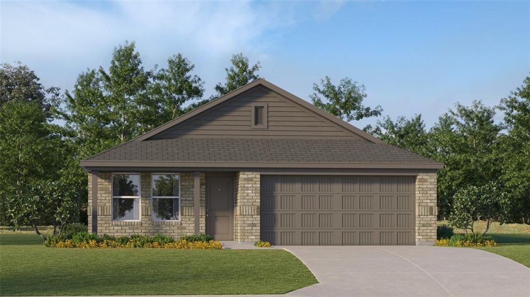 View of front of house with a front lawn and a garage