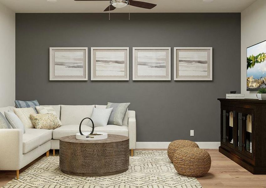 Rendering showing the sitting room with
  large sectional and coffee table on top of a geometric rug. A wood media
  cabinet offsets the grey accent wall and abstract paintings.