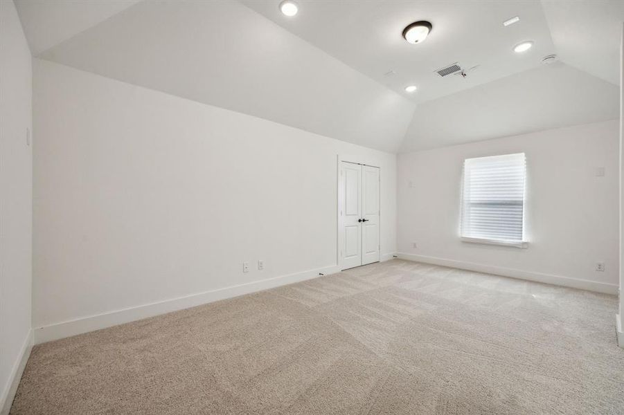 Carpeted spare room with lofted ceiling