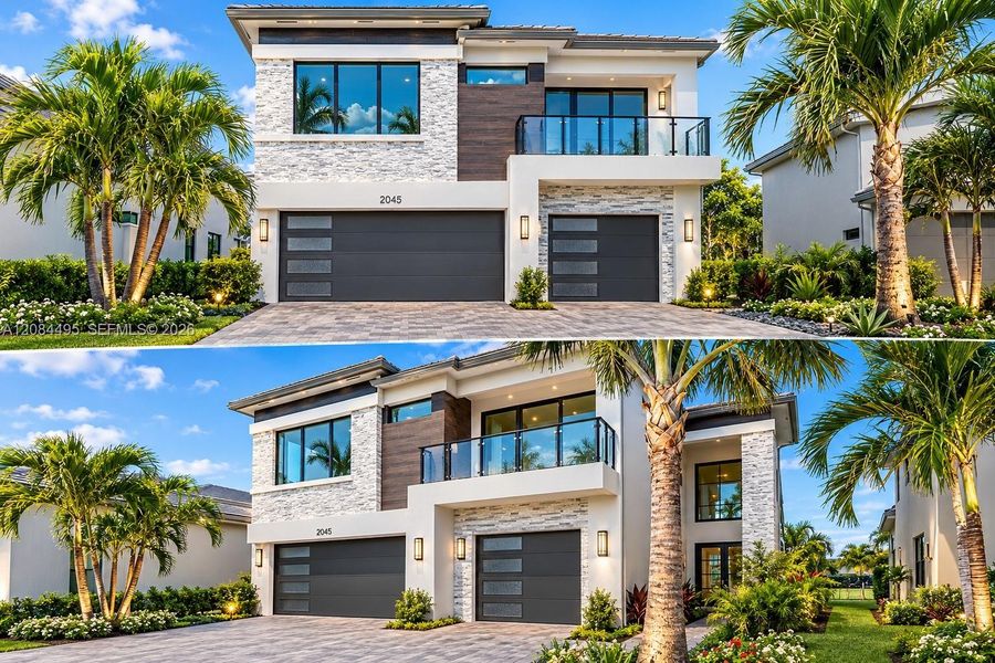 Front exterior of a new home in Lotus Edge, Boca Raton, FL, highlighting curb appeal (Image 1). Front exterior of a new home in Lotus Edge, Boca Raton, FL, highlighting curb appeal (Image 1).
