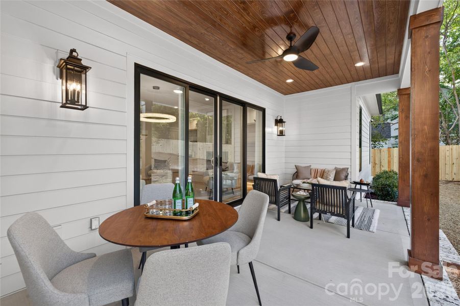 Morning coffee? Check out the wood stained ceiling.