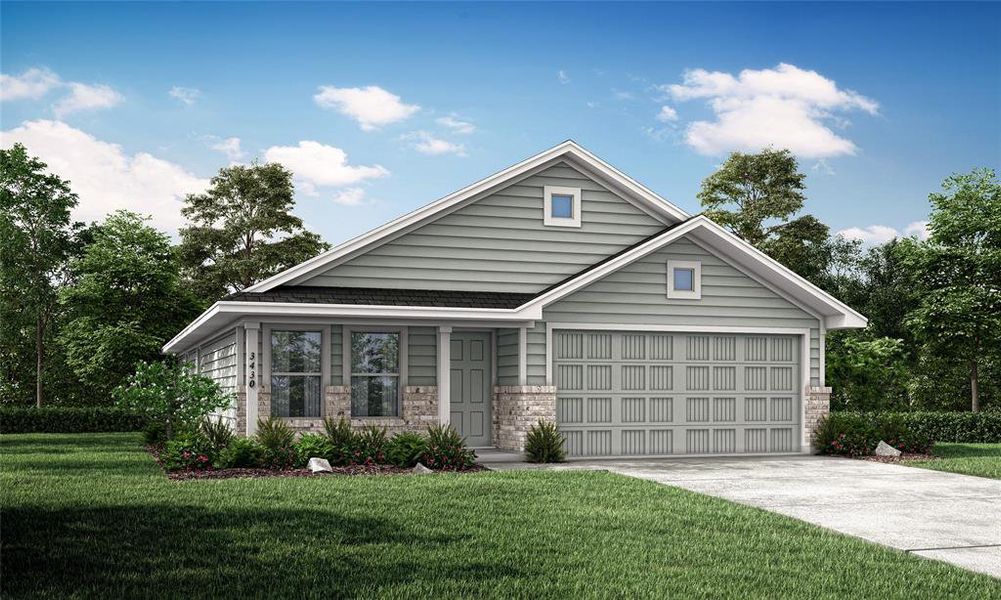 View of front of home with a garage and a front lawn