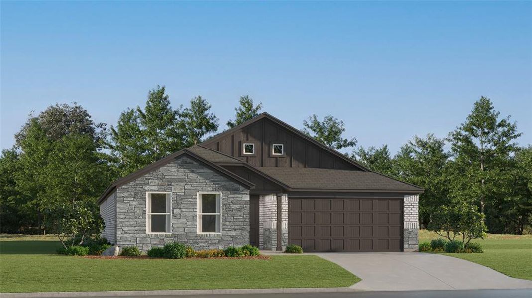 View of front of house featuring board and batten siding, a front yard, driveway, and stone siding View of front of house featuring board and batten siding, a front yard, driveway, and stone siding