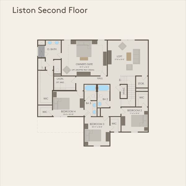 2D floor plan layout for the Liston by Pulte Homes in Sweetwater Hills, Moore, SC (Image 4).