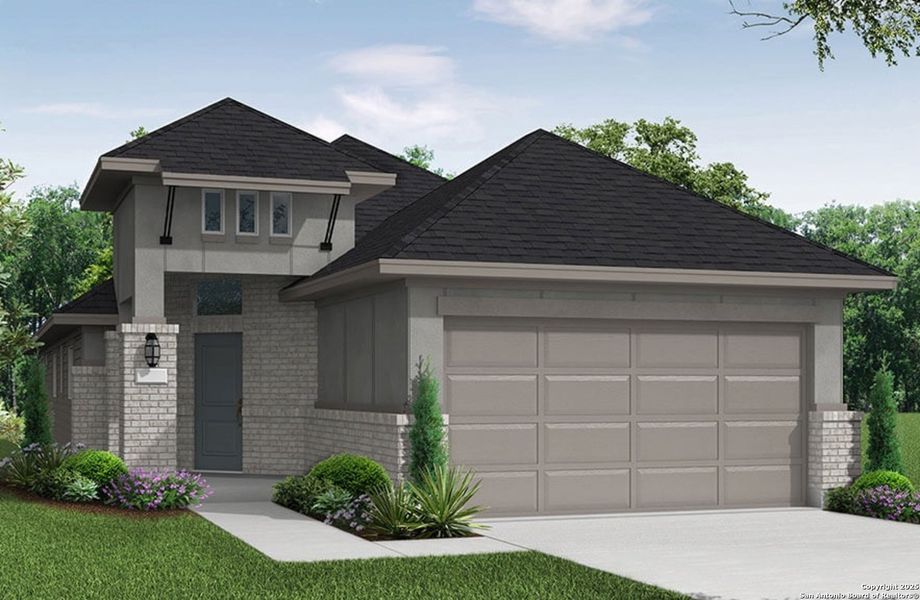 Front exterior of a new home in Veramendi, New Braunfels, TX, highlighting curb appeal (Image 1).