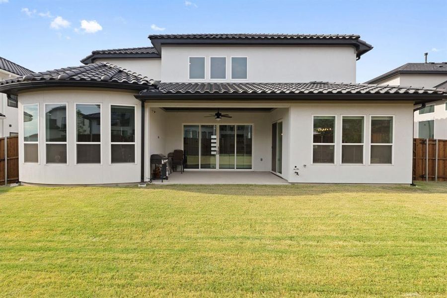 Back of house featuring a ceiling fan, a patio, stucco siding, and a tile roof
