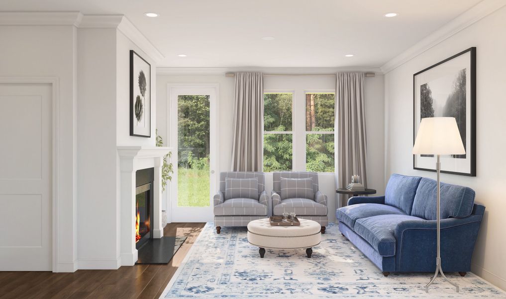 Great room with fireplace and gorgeous flooring