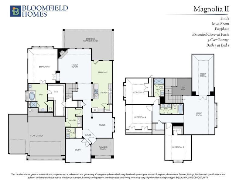 Bloomfield Homes Magnolia II floor plan showing two-story layout with 5 bedrooms, 3-car garage, and covered patio.