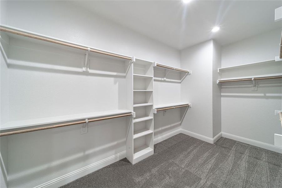 Walk in closet featuring visible vents and dark colored carpet